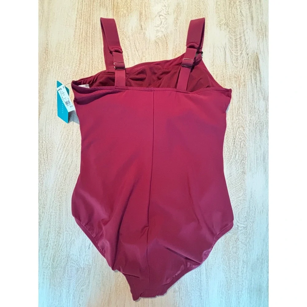 Aqua Green One Piece Swimsuit Womens XL 16/18 Burgundy‎ Ruched asymmetrical